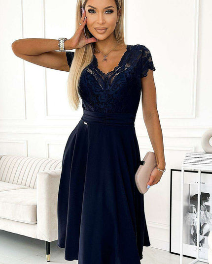 Chic Navy Blue Lace Chiffon Evening Gown with Short Sleeves by Numoco