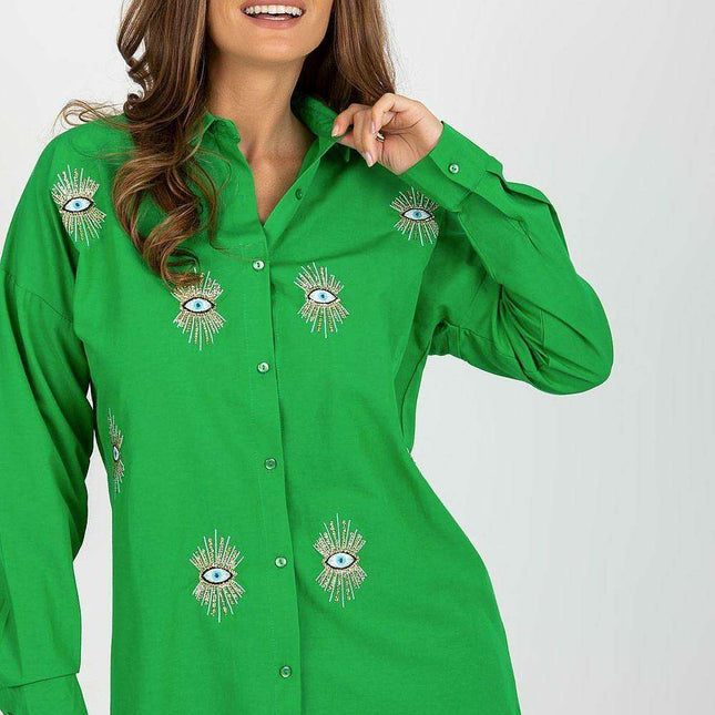 Chic Embroidered Loose-Fit Women's Long Sleeve Shirt with Button Detail