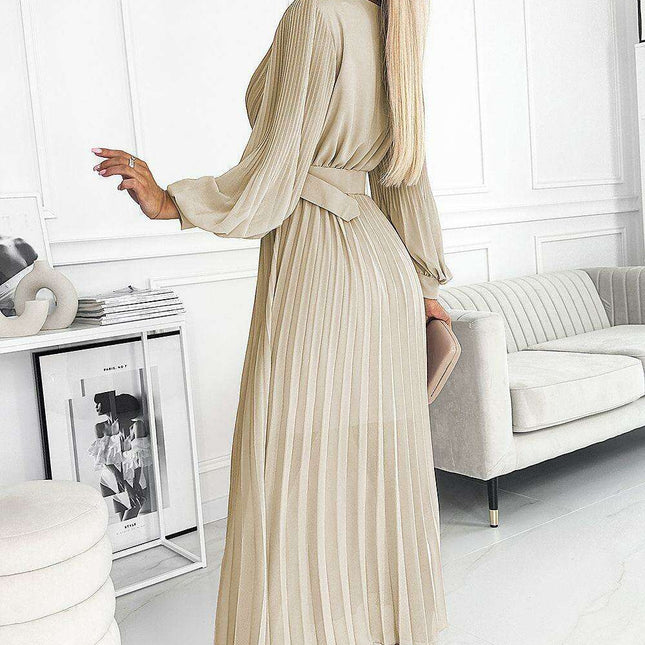 Elegant European Blue Chiffon Pleated Evening Dress