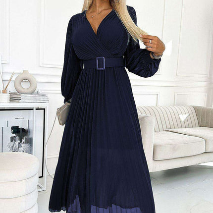 Elegant European Blue Chiffon Pleated Evening Dress