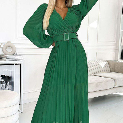 Elegant European Blue Chiffon Pleated Evening Dress