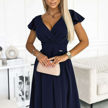 Sophisticated Beige Shimmer Evening Gown with Stylish Envelope Neckline by Numoco