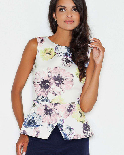 Elegant Floral Sleeveless Top with Stylish Basque and Boat Neck Design