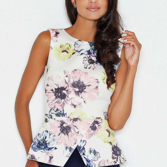 Elegant Floral Sleeveless Top with Stylish Basque and Boat Neck Design
