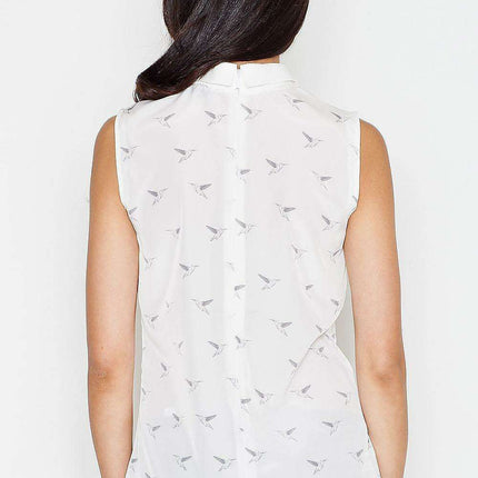 Elegant Bird Motif Sleeveless Blouse with Stylish Collar and Zip Back Closure