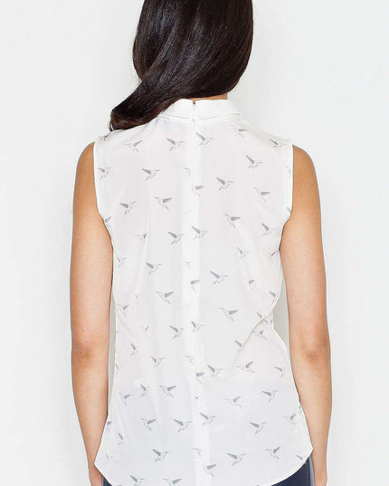 Elegant Bird Motif Sleeveless Blouse with Stylish Collar and Zip Back Closure