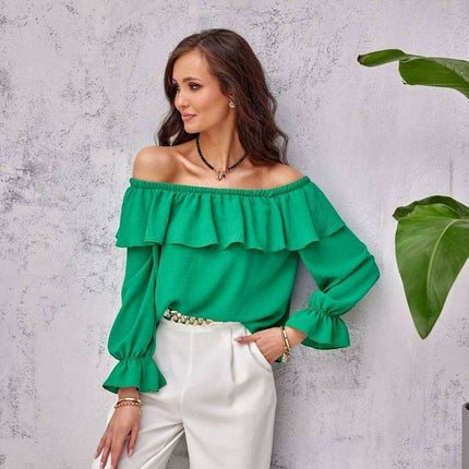 Elegant Spanish Ruffle Blouse with Flared Sleeves and Stretchy Neckline
