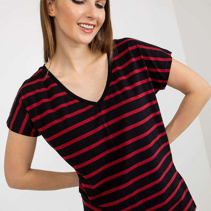 Heart-Striped Sweetheart Neckline Cotton T-Shirt for Women