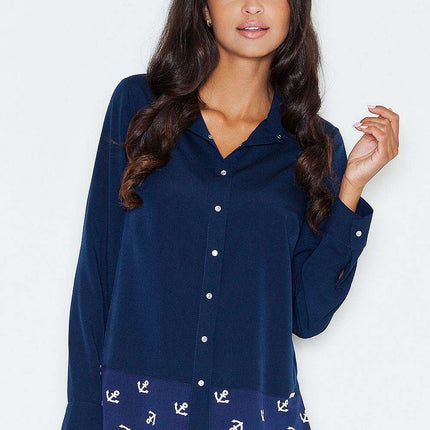Chic Anchor Design Long-Sleeve Blouse for Effortless Elegance