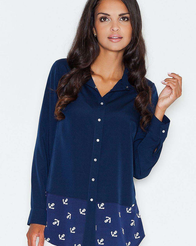 Chic Anchor Design Long-Sleeve Blouse for Effortless Elegance