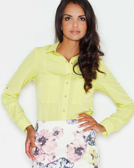 Chic Adjustable Sleeve Georgette Blouse with Front Pockets for Women