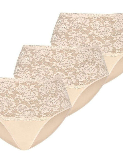 Three-Pack High Waisted Cotton Panties with Floral Lace Sides