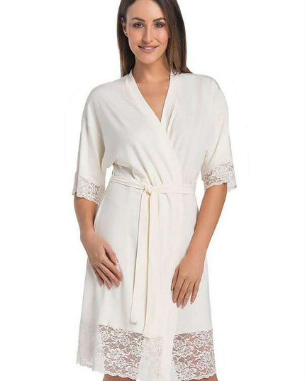 Elegant Lace-Trimmed Viscose Evening Robe with Floral Design