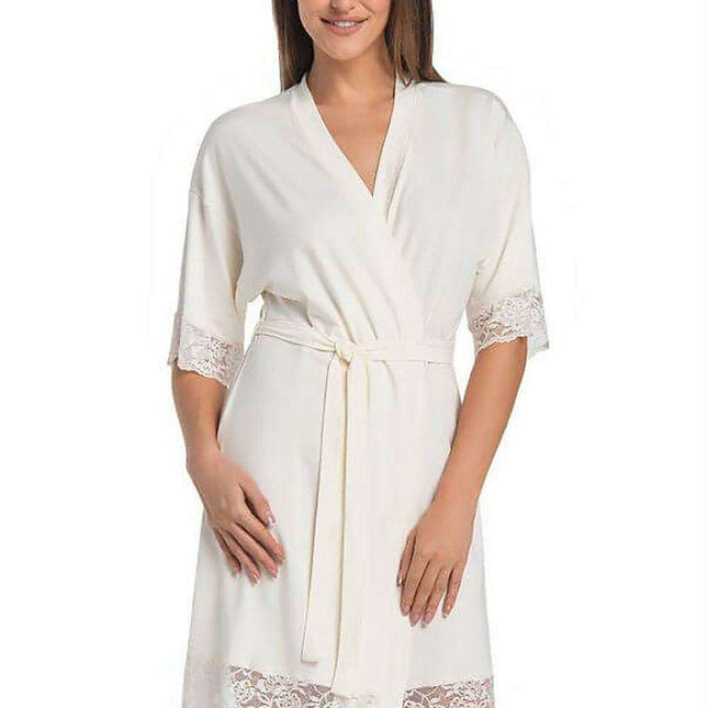 Elegant Lace-Trimmed Viscose Evening Robe with Floral Design
