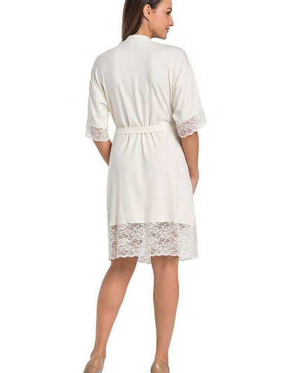 Elegant Lace-Trimmed Viscose Evening Robe with Floral Design