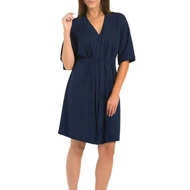 Elegant Navy Blue Viscose Women's Bathrobe - Minimalist Comfort
