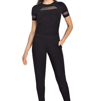 Mesh-Embellished Fitted Bodysuit with Half-Circle Neckline