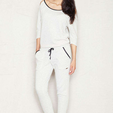 Chic Light Grey 3/4 Sleeve Overalls with Stylish Patch Pockets and Black Trim