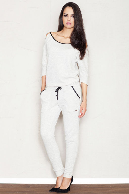 Sophisticated Light Grey 3/4 Sleeve Overalls with Patch Pockets and Black Piping