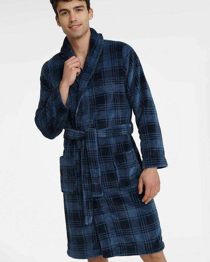 Plaid Hooded Men's Bathrobe with Elegant Embroidery - Ultimate Comfort Wear