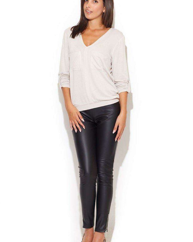 Chic Katrus Women's Leather Trousers with Stylish Gold Zipper Accents
