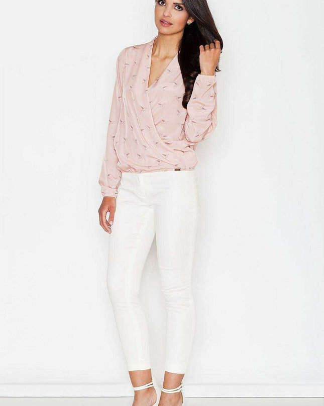 Sophisticated Patterned Blouse with Ribbed Hem - Effortless Style