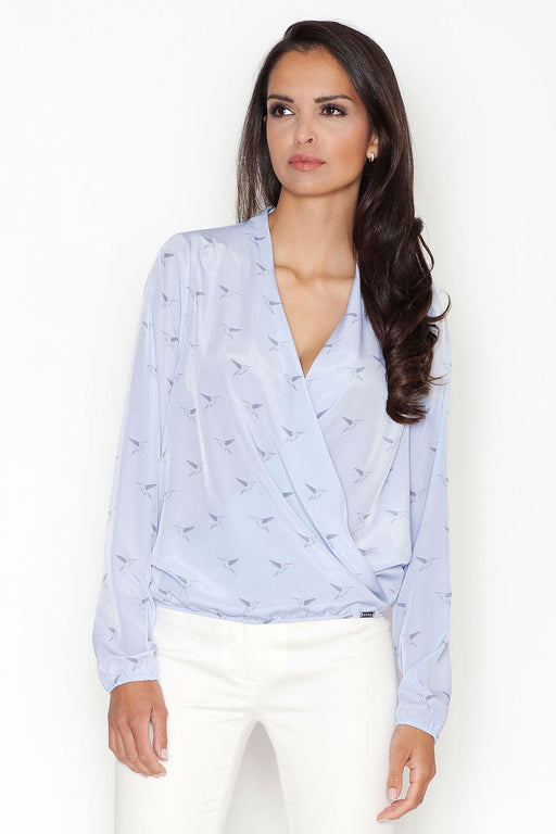 Elegant Patterned Blouse with Chic Folded Neckline & Ribbed Hem - Figl Design 43838