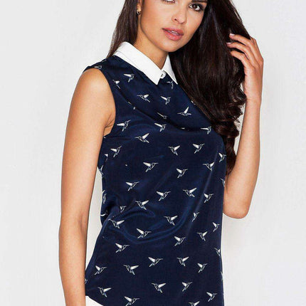 Elegant Bird Motif Sleeveless Blouse with Trendy Collar Detail