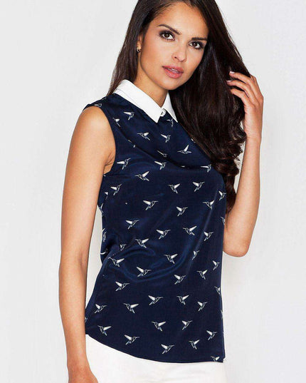 Elegant Bird Motif Sleeveless Blouse with Trendy Collar Detail