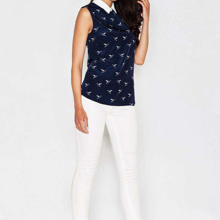 Elegant Bird Motif Sleeveless Blouse with Trendy Collar Detail