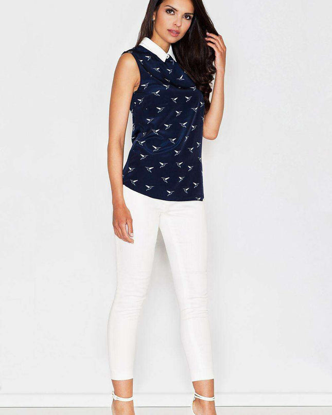 Elegant Bird Motif Sleeveless Blouse with Trendy Collar Detail