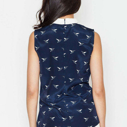 Elegant Bird Motif Sleeveless Blouse with Trendy Collar Detail