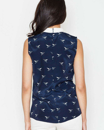 Elegant Bird Motif Sleeveless Blouse with Trendy Collar Detail