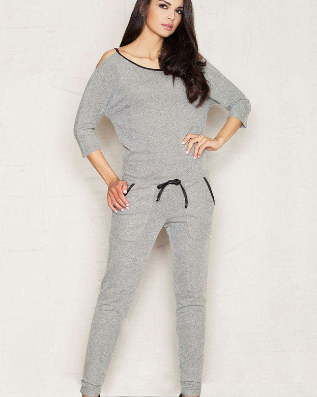 Sleek Charcoal Utility Jumpsuit with Trendy Patch Pockets and Elegant Black Details