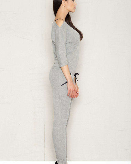 Sleek Charcoal Utility Jumpsuit with Trendy Patch Pockets and Elegant Black Details