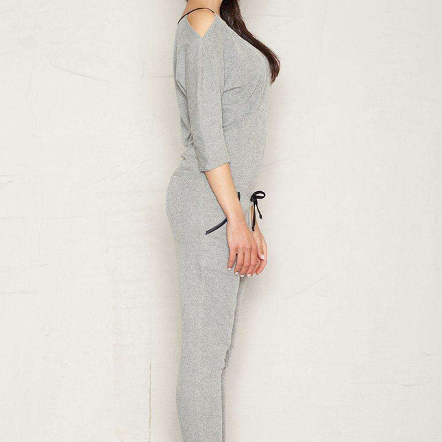Sleek Charcoal Utility Jumpsuit with Trendy Patch Pockets and Elegant Black Details