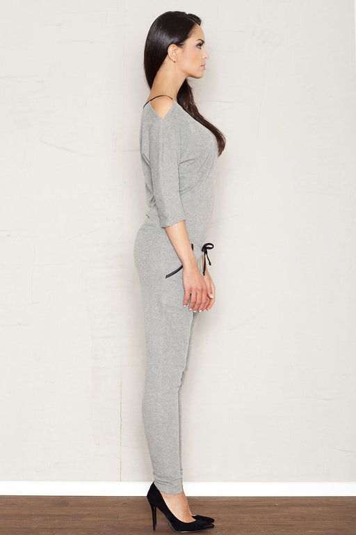 Stylish Charcoal Grey Jumpsuit with Trendy Patch Pockets and Sleek Black Accents