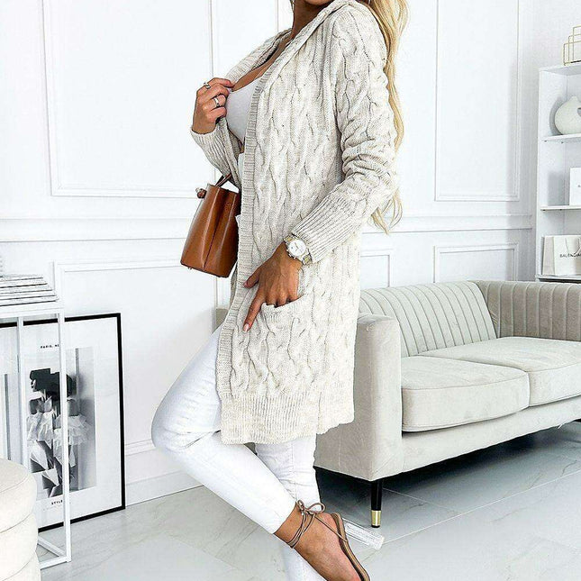 Beige Plaid Hooded Cardigan - Cozy Sweater with Functional Pockets