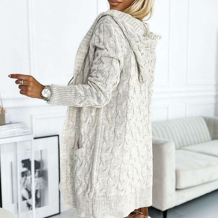 Beige Plaid Hooded Cardigan - Cozy Sweater with Functional Pockets