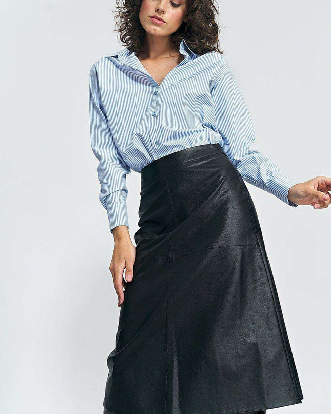 Imitation Leather Trapeze Midi Skirt For Women Black