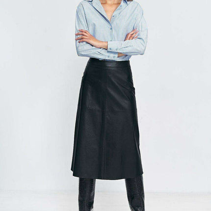 Imitation Leather Trapeze Midi Skirt For Women Black