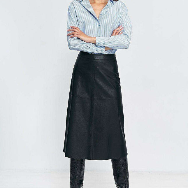 Imitation Leather Trapeze Midi Skirt For Women Black