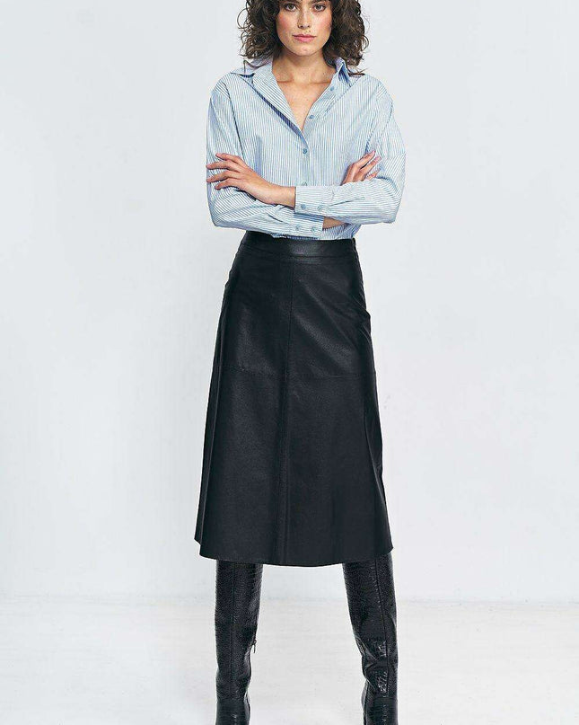 Imitation Leather Trapeze Midi Skirt For Women Black
