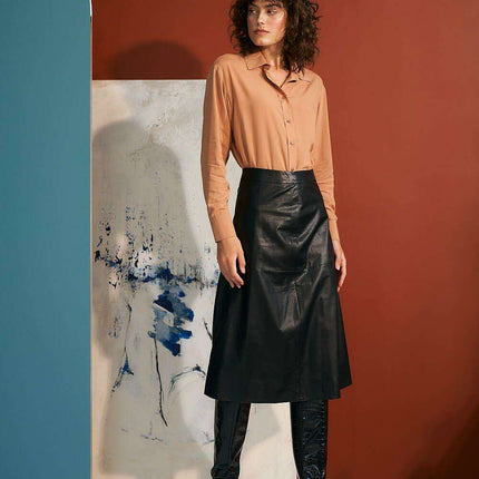 Imitation Leather Trapeze Midi Skirt For Women Black