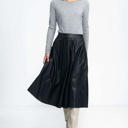 Chic Elegant Pleated Faux Leather Midi Skirt For Women