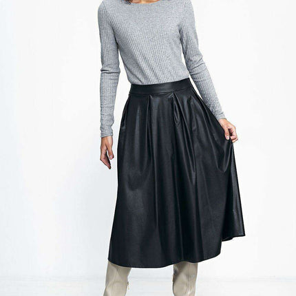 Chic Elegant Pleated Faux Leather Midi Skirt For Women