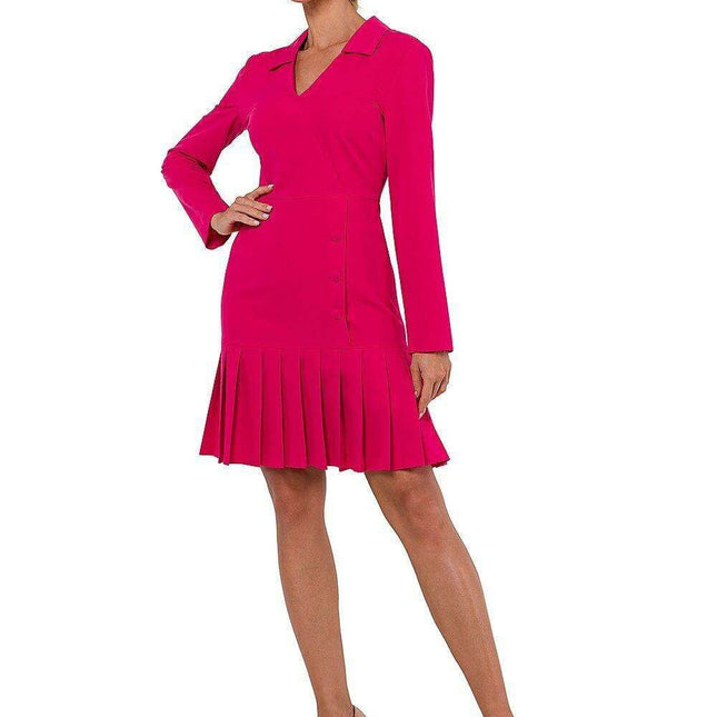 Elegant V-Neck Midi Dress with Decorative Buttons and Pleated Hem