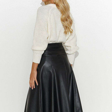 Elegant Black Leather Midi Skirt with Gold Accents