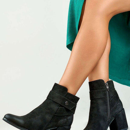 Chic Almond Toe Eco-Suede Heeled Boots with Decorative Strap