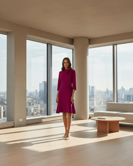 Sophisticated Ruffle-Back Day Dress with Stand-Up Collar